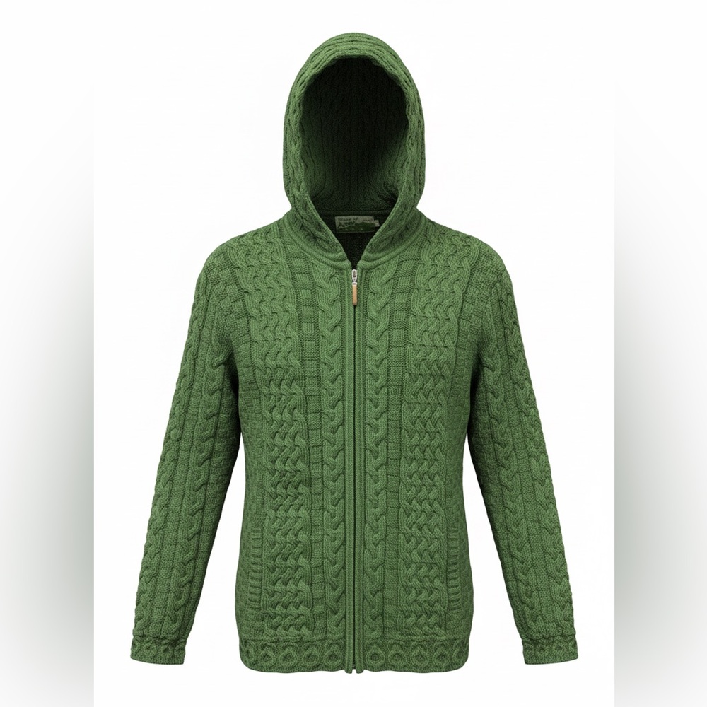 Shades of Aran Ireland Women's 100% Merino Wool Hooded Zip Cable Knit Cardigan